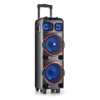 300W DOUBLE 8" WOOFER SPEAKER NGS WILD DUB 1, COMPATIBLE WITH BLUETOOTH & TWS. USB/MICRO SD/AUX IN. REMOTE CONTROL.7H BATTERY.WHEELS. TELESCOPIC TUBE