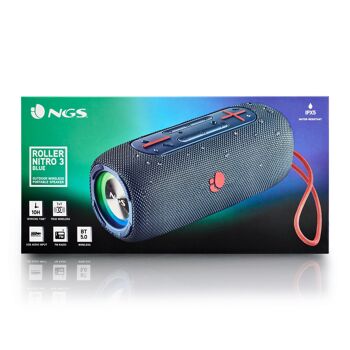 NGS ROLLER NITRO 3 BLEU : Enceinte sans fil résistante aux éclaboussures (IPX5) compatible Bluetooth 5.0 technologie. Puissance de sortie : 30W. Couleur bleue. 10