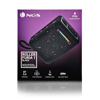 NGS ROLLER FURIA 1 NOIR : Enceinte sans fil résistante aux éclaboussures (IPX6) compatible avec 5.0 technologie Bluetooth.15W. SB/TF/AUX IN/RADIO-TWS. DIRIGÉ. Noir. 6