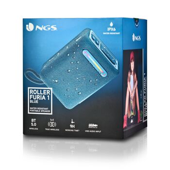 NGS ROLLER FURIA 1 BLEU : Enceinte sans fil résistante aux éclaboussures (IPX6) compatible avec 5.0 technologie Bluetooth.15W. SB/TF/AUX IN/RADIO-TWS. DIRIGÉ. Bleu. 7