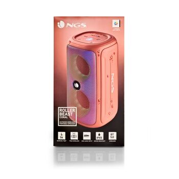 NGS ROLLER BEAST CORAL : Enceinte sans fil résistante aux éclaboussures (IPX5) compatible Bluetooth 5.0 technologie. 32W. SB/TF/AUX IN/RADIO-TWS. Couleur corail. 10