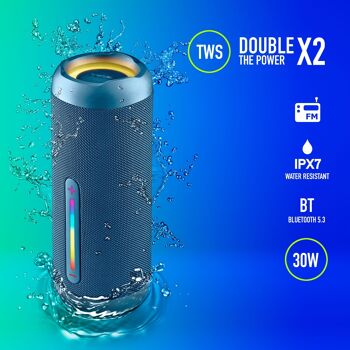 NGS ROLLER FURIA 2 BLEU : Enceinte sans fil 30W, étanche IPX7, compatible technologie BT/TWS/ AUX IN/ FM RADIO. Batterie 9h. Lumières LED. Bleu. 2