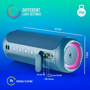 NGS ROLLER FURIA 2 BLEU : Enceinte sans fil 30W, étanche IPX7, compatible technologie BT/TWS/ AUX IN/ FM RADIO. Batterie 9h. Lumières LED. Bleu. 4