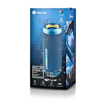 NGS ROLLER FURIA 2 BLEU : Enceinte sans fil 30W, étanche IPX7, compatible technologie BT/TWS/ AUX IN/ FM RADIO. Batterie 9h. Lumières LED. Bleu. 9