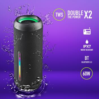 ROLLER FURIA 3 NOIR : Enceinte sans fil résistante aux éclaboussures (IPX7) compatible Bluetooth 5.3 technologies. 60W. SB/TF/AUX IN/RADIO-TWS. La couleur noire. 2