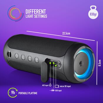 ROLLER FURIA 3 NOIR : Enceinte sans fil résistante aux éclaboussures (IPX7) compatible Bluetooth 5.3 technologies. 60W. SB/TF/AUX IN/RADIO-TWS. La couleur noire. 4