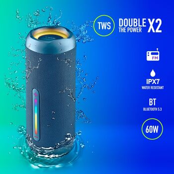 ROLLER FURIA 3 BLEU : Enceinte sans fil résistante aux éclaboussures (IPX7) compatible Bluetooth 5.3 technologies. 60W. SB/TF/AUX IN/RADIO-TWS. Couleur bleue. 2