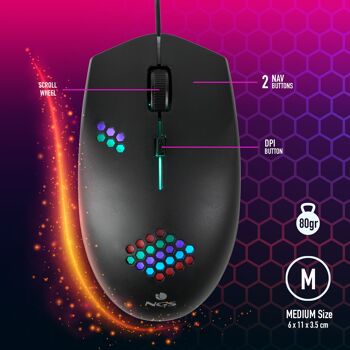 SOURIS DE GAMING LED NGS GMX-120 7 COULEURS AVEC 1200 DPI -AMBIDEXTRE- 2 BOUTONS- TAILLE MOYENNE. COULEUR NOIRE. 4