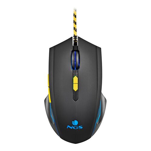 NGS GMX-123: Wired gaming mouse with rainbow LED light and ultralight design. 800/1200/2400/3200 DPI. USB connector. Plug & Play. Braided cable. Black