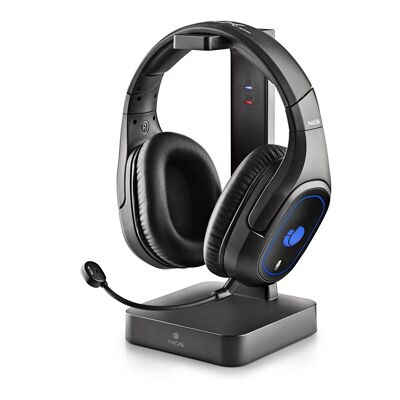 NGS GHX-600: Wireless gaming headset with 2.4 GHz technology, LED lights and charging base. 7.1 virtual sound. Black colour.