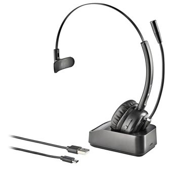 NGS Buzz Blab : Casque monaural sans fil avec microphone articulé, idéal pour le bureau et le télétravail. Bluetooth5.0. Base de chargement. Couleur noire. 1