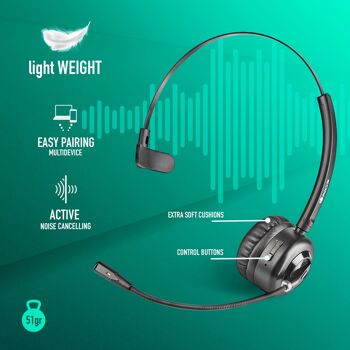 NGS Buzz Blab : Casque monaural sans fil avec microphone articulé, idéal pour le bureau et le télétravail. Bluetooth5.0. Base de chargement. Couleur noire. 4