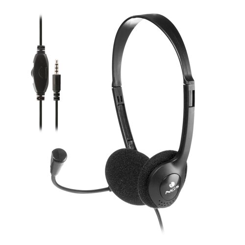 NGS MS 103 MAX: Computer headset with microphone and volume control. Audio connection of 3.5mm + double jack 3.5mm adapter. Black.