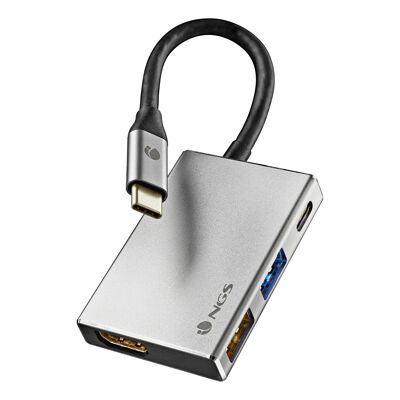 NGS WONDER DOCK 4: 4-ZU-1-USB-C-MEHRPORT-ADAPTER AUS ALUMINIUM.  USB 2.0-Anschluss: 5V/0.5 A./USB 3.0-Anschluss: 5V/0.9 A/HDMI-Anschluss / USB-C-Anschluss mit PD-Ladung 60 W