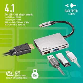 NGS WONDER DOCK 4 : ADAPTATEUR MULTI-PORTS 4 VERS 1 USB-C EN ALUMINIUM. USB2.0 : 5 V/0.5 R./USB3.0 : 5 V/0.9 A/Port HDMI/Port USB-C avec charge PD 60W 4