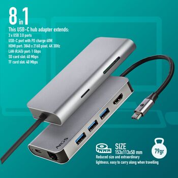 NGS WONDER DOCK 8 : Adaptateur multiport Hub USB C 8 en 1 avec WIN/MAC-HDMI-SD/TF-LAN - PD 60W CHARGE - 3XUSB3.0. ALUMINIUM. Branchez & jouez 4