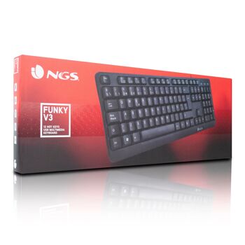 NGS FunkyV3 est un clavier filaire standard avec connexion USB. Il comprend 12 touches multimédia pour un accès facile et rapide. Couleur noire. 10