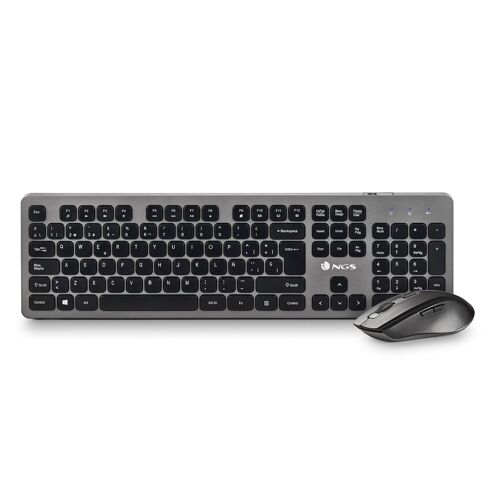 NGS IDOL KIT: Wireless keyboard and mouse pack. Slim design, 12 keys mutimedia. 800/1200/1600 DPI, silent keys. Language: ES. Black color.