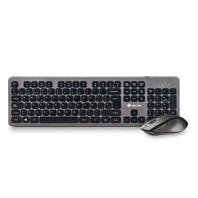 NGS IDOL KIT: Wireless keyboard and mouse pack. Slim design, 12 multimedia keys. 800/1200/1600 DPI, silent keys. Language: ES. Black colour.