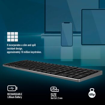 NGS FORTUNE-BT : clavier Bluetooth sans fil multi-appareils avec 12 touches multimédia (BT5.0 + BT5.0 + BT5.0). Clé ciseaux de type X. Aluminium. Rechargeable 4