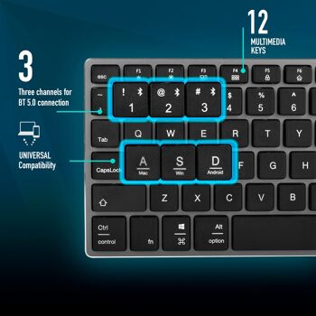 NGS FORTUNE-BT : clavier Bluetooth sans fil multi-appareils avec 12 touches multimédia (BT5.0 + BT5.0 + BT5.0). Clé ciseaux de type X. Aluminium. Rechargeable 8