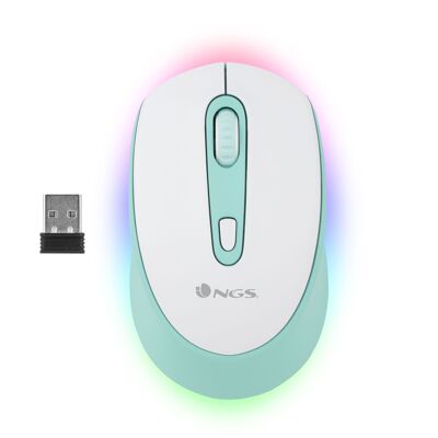 NGS SMOG MINT-RB: WIRELESS RECHARGEABLE MULTIMODE MOUSE WITH LED LIGHT. Bluetooth mouse 2.4Ghz + BT3.0 + BT5.0. AMBIDEXTROUS. WHITE/MINT COLOUR.