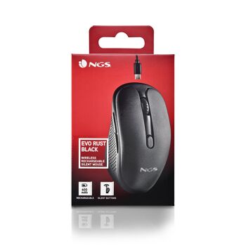 NGS EVO RUST BLACK : Souris sans fil rechargeable avec boutons silencieux. DPI : 800/1200/1600. Faites défiler +5 boutons. Droitier. Compact. Couleur noire. 9