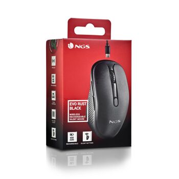 NGS EVO RUST BLACK : Souris sans fil rechargeable avec boutons silencieux. DPI : 800/1200/1600. Faites défiler +5 boutons. Droitier. Compact. Couleur noire. 10