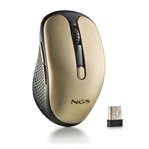 NGS EVO RUST GOLD: Rechargeable Wireless mouse with silent buttons. DPI: 800/1200/1600. Scroll +5 buttons. Right-handed. Compact. Gold color.