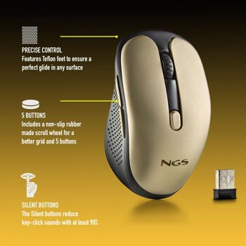 NGS EVO RUST GOLD : Souris sans fil rechargeable avec boutons silencieux. DPI : 800/1200/1600. Faites défiler +5 boutons. Droitier. Compact. Couleur or. 4