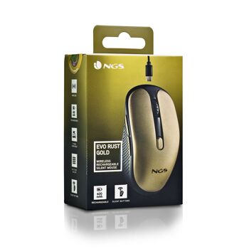 NGS EVO RUST GOLD : Souris sans fil rechargeable avec boutons silencieux. DPI : 800/1200/1600. Faites défiler +5 boutons. Droitier. Compact. Couleur or. 10