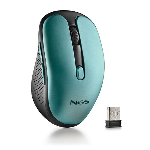NGS EVO RUST ICE: Rechargeable Wireless mouse with silent buttons. DPI: 800/1200/1600. Scroll +5 buttons. Right-handed. Compact. Ice blue color.