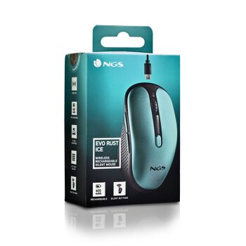 NGS EVO RUST ICE : Souris sans fil rechargeable avec boutons silencieux. DPI : 800/1200/1600. Faites défiler +5 boutons. Droitier. Compact. Couleur bleu glacier. 10