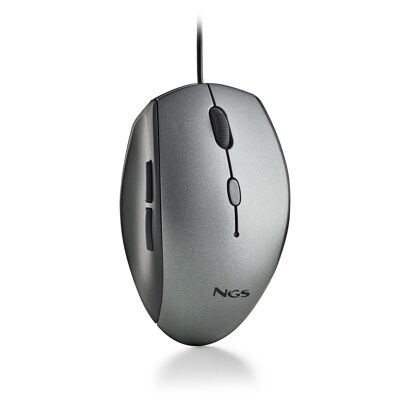 NGS MOTH GRAY: Ergonomic wired mouse with silent buttons. USB to Type-C adapter. Right-handed. Adjustable DPI: 800/1200/1600. Gray.
