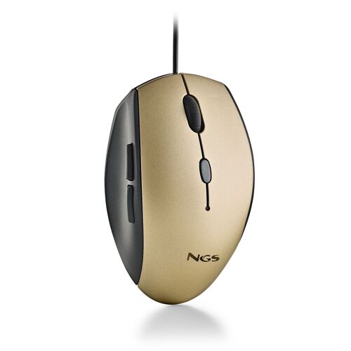 NGS MOTH GOLD: Ergonomic wired mouse with silent buttons. USB to Type-C adapter. Right-handed. Adjustable DPI: 800/1200/1600. Gold.