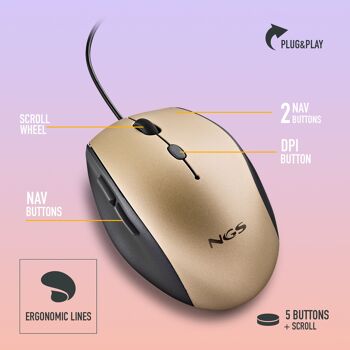 NGS MOTH GOLD : Souris filaire ergonomique avec boutons silencieux. Adaptateur USB vers Type-C. Droitier. DPI réglable : 800/1200/1600. Or. 4