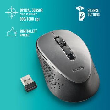 NGS DEW GREY : Souris optique sans fil 2.Récepteur nano 4Ghz-800/1600 DPI. 3 boutons + défilement. Ambidextre. Boutons silencieux. Couleur grise. 2