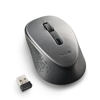 NGS DEW GREY : Souris optique sans fil 2.Récepteur nano 4Ghz-800/1600 DPI. 3 boutons + défilement. Ambidextre. Boutons silencieux. Couleur grise. 5