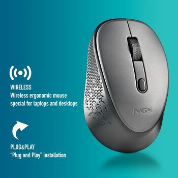 NGS DEW GREY : Souris optique sans fil 2.Récepteur nano 4Ghz-800/1600 DPI. 3 boutons + défilement. Ambidextre. Boutons silencieux. Couleur grise. 6