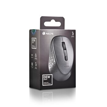 NGS DEW GREY : Souris optique sans fil 2.Récepteur nano 4Ghz-800/1600 DPI. 3 boutons + défilement. Ambidextre. Boutons silencieux. Couleur grise. 10