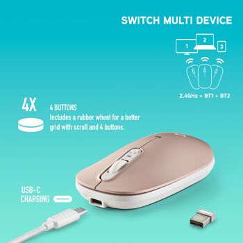 NGS SHELL RB : Souris sans fil rechargeable multimode et silencieuse. 3 housses interchangeables. DPI réglable : 1000/1200/1600. Rose/Bleu/Blanc 2