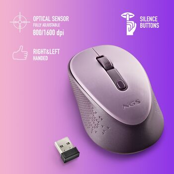 NGS DEW LILAC : Souris optique sans fil 2.Récepteur nano 4Ghz-800/1600 DPI. 3 boutons + défilement. Ambidextre. Boutons silencieux. Couleur lilas. 2