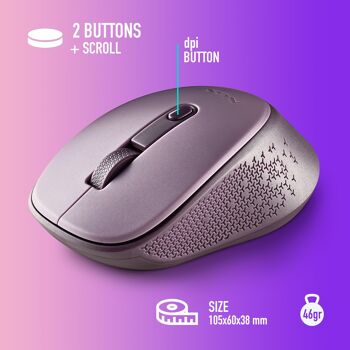 NGS DEW LILAC : Souris optique sans fil 2.Récepteur nano 4Ghz-800/1600 DPI. 3 boutons + défilement. Ambidextre. Boutons silencieux. Couleur lilas. 4