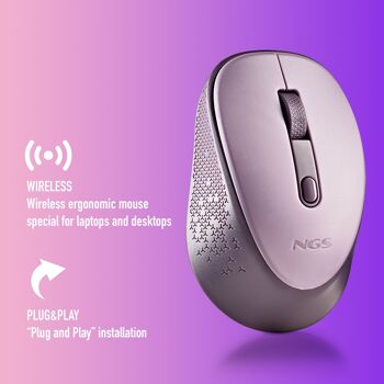 NGS DEW LILAC : Souris optique sans fil 2.Récepteur nano 4Ghz-800/1600 DPI. 3 boutons + défilement. Ambidextre. Boutons silencieux. Couleur lilas. 6