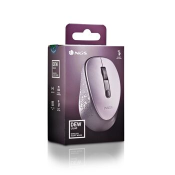 NGS DEW LILAC : Souris optique sans fil 2.Récepteur nano 4Ghz-800/1600 DPI. 3 boutons + défilement. Ambidextre. Boutons silencieux. Couleur lilas. 10