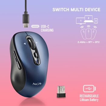 NGS INFINITY RB : Souris sans fil multi-appareils (2.4Ghz+BT5.1+BT5.1) touches rechargeables et silencieuses. Ambidextre. DPI : 1000/1600/2400/3200. Bleu 2