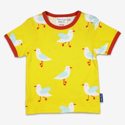 Yellow organic short sleeve shirt with seagull print