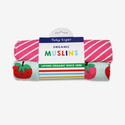 Pack de 2 paños de muselina de algodón orgánico con estampado de fresas