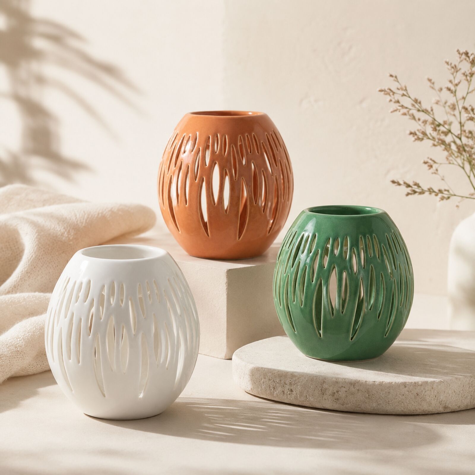 Ceramic Ovali Perfume Burner – Lacquered Ceramic Candle Holder Available in White, Olive and Terracotta – Diffusion of Scented Waxes, Essential Oils – Decorative Gift Idea