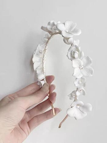 Guirlande de fleurs blanches en céramique romantique, bandeau de mariée, or et argent 5